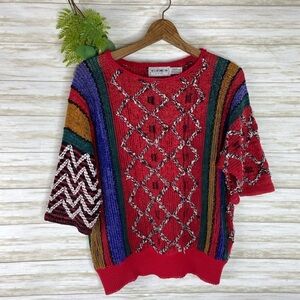 Vintage Rainbow Color Open Knit Half Sleeve Sweater Tee